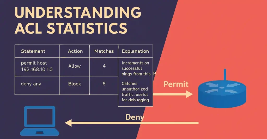 Infographic illustrating ACL statistics with a table showing permit and deny statements, matches, and explanations, featuring a laptop and router with permit and deny arrows