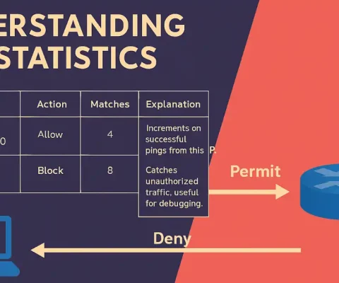 Infographic Illustrating Acl Statistics With A Table Showing Permit And Deny Statements, Matches, And Explanations, Featuring A Laptop And Router With Permit And Deny Arrows