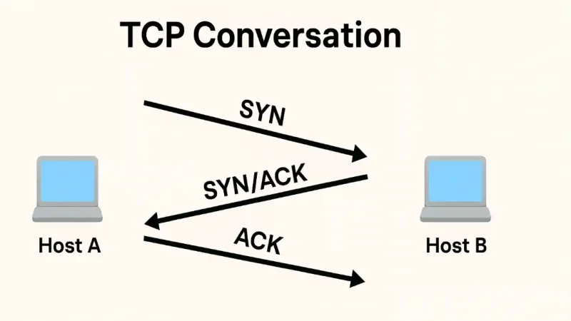 Diagram of TCP three-way handshake process showing SYN, SYN-ACK, and ACK exchanges between two hosts for connection establishment.