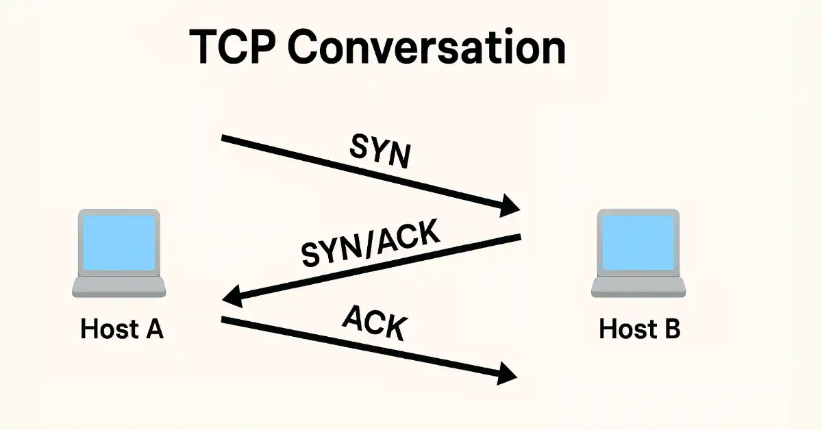 Diagram of TCP three-way handshake process showing SYN, SYN-ACK, and ACK exchanges between two hosts for connection establishment.