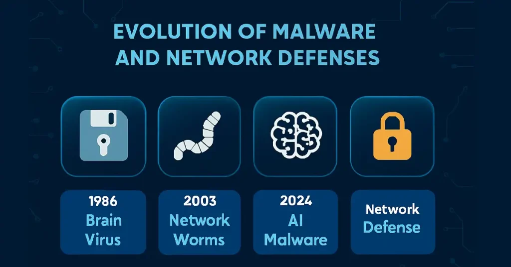 A graphic titled "Evolution of Malware and Network Defenses" featuring four icons and labels. From left to right: a floppy disk icon labeled "1986 Brain Virus," a worm icon labeled "2003 Network Worms," a brain icon labeled "2024 AI Malware," and a padlock icon labeled "Network Defense." The background is dark with circuit-like patterns.