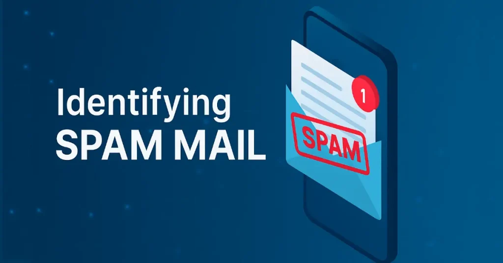 Illustration of a smartphone displaying a spam email notification with the title 'Identifying SPAM MAIL'