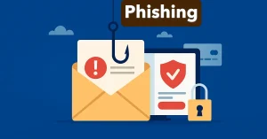 Illustration of phishing scam with hooked email envelope, laptop, credit card, shield, and lock symbolizing cyber threats and security.