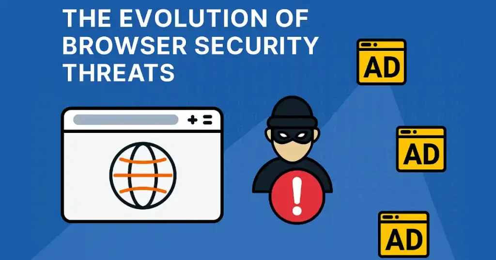 Illustration of browser security threats featuring a globe icon, a masked hacker, and ad symbols on a blue background.