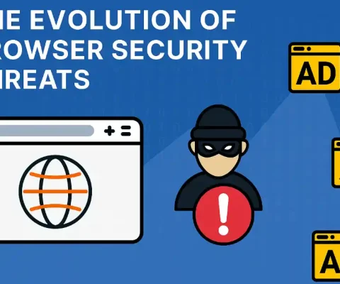 Illustration Of Browser Security Threats Featuring A Globe Icon, A Masked Hacker, And Ad Symbols On A Blue Background.