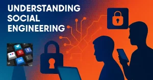 Illustration of social engineering with two silhouetted figures using a phone and laptop, surrounded by social media icons and lock symbols on a circuit-like background.