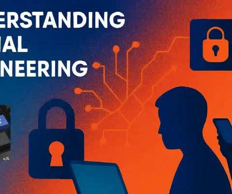 Illustration Of Social Engineering With Two Silhouetted Figures Using A Phone And Laptop, Surrounded By Social Media Icons And Lock Symbols On A Circuit-Like Background.