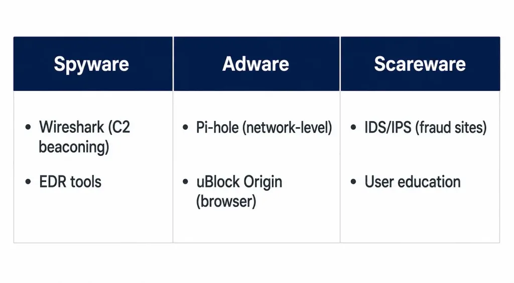 Spyware, Adware, And Scareware: Mechanics, Network Impact, And Defense 5 Three-Column Chart Showing Detection And Prevention Tools Matched To Spyware, Adware, And Scareware