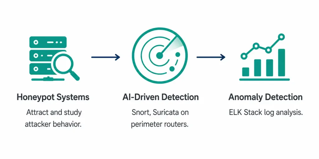 Thwarting Cybercriminals: Key Measures And Strategies 2 Three-Part Flow Diagram Showing Honeypot Systems, Ai-Driven Detection, And Anomaly Detection As Early Warning System Components