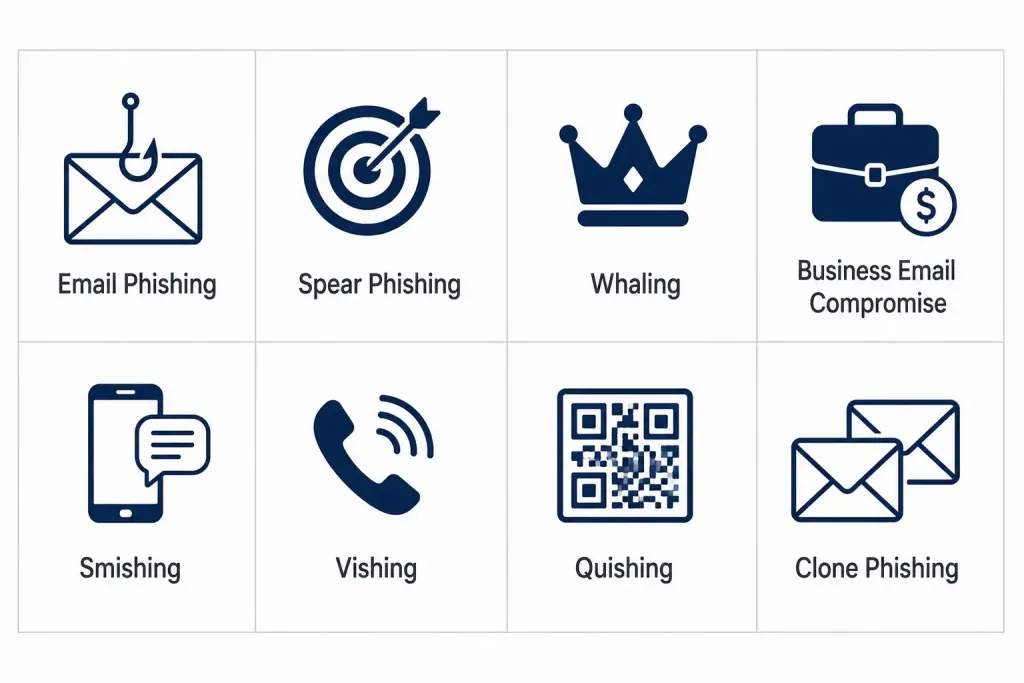 What Is Phishing? Types, Recognition, And Protection Strategies 2 Grid Diagram Showing Eight Types Of Phishing Attacks With Icons For Each