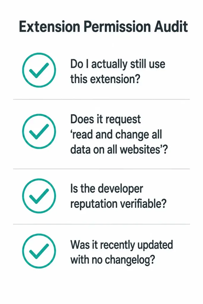 Browser Plugins And Poisoning: Risks, Exploits, And Defenses 4 Checklist For Auditing Browser Extension Permissions With Four Key Questions To Ask