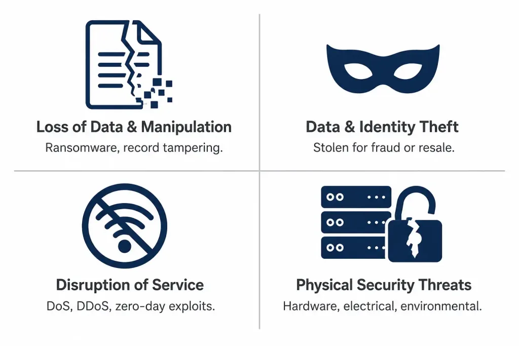 Cyber Security Threats And Defenses: A Practical Guide 2 2X2 Grid Diagram Showing The Four Core Network Security Threat Categories With Brief Descriptions