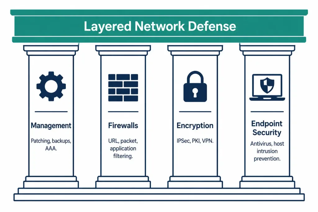Cyber Security Threats And Defenses: A Practical Guide 5 Four-Pillar Diagram Showing Management, Firewalls, Encryption, And Endpoint Security Supporting Layered Network Defense