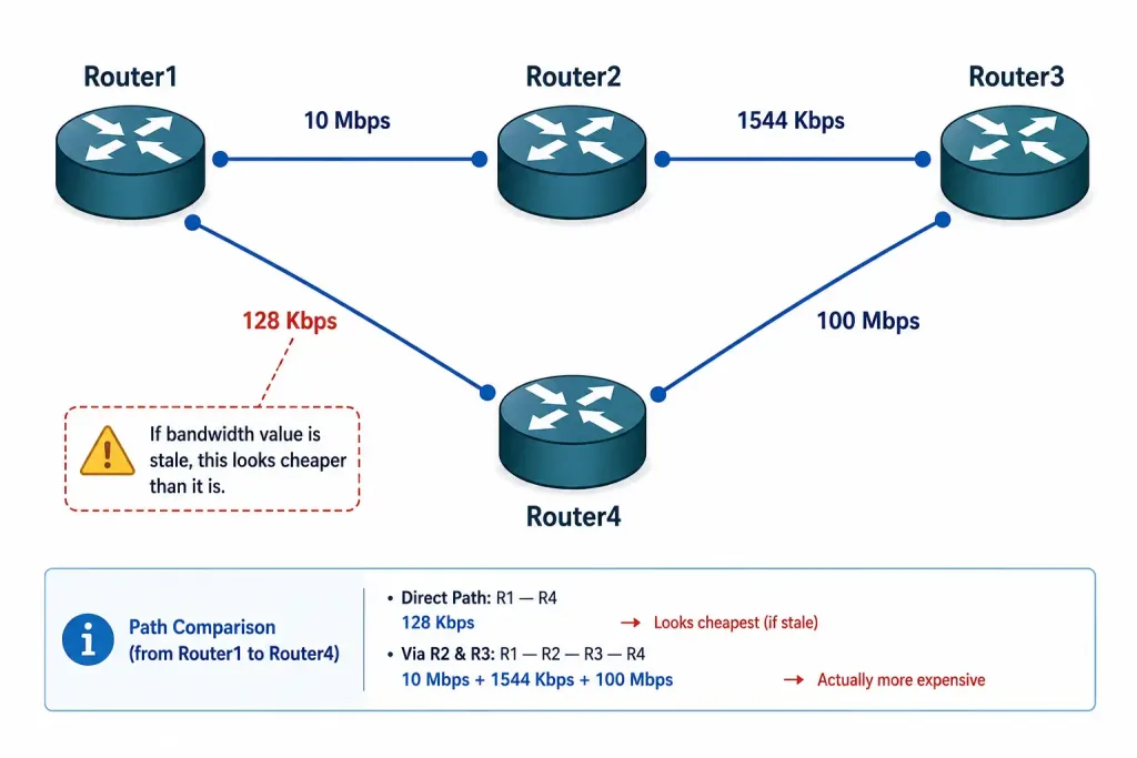 Understanding Cisco Interface Bandwidth: Configuration, Verification, And Routing Impacts 2 Four-Router Topology With Mismatched Link Speeds Illustrating How A Stale Bandwidth Value Can Distort Routing Decisions