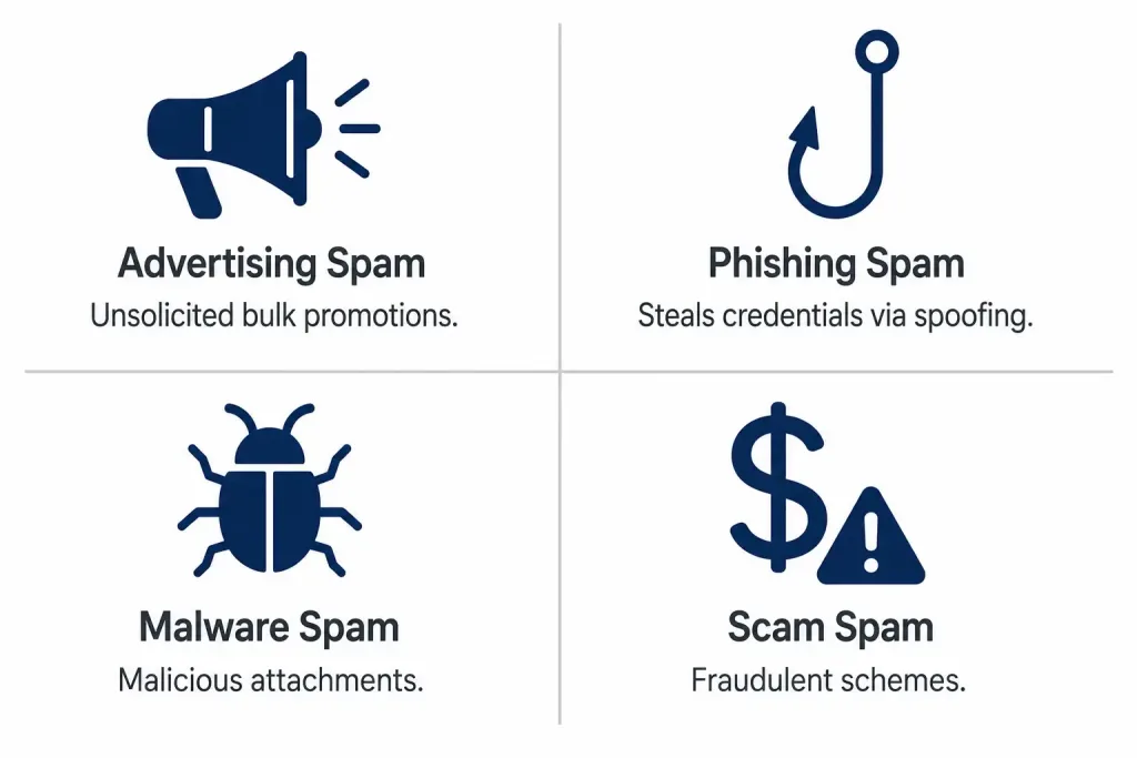 Identifying Spam Mail: A Practical Guide 2 Diagram Showing Advertising, Phishing, Malware, And Scam Spam Categories With Brief Descriptions