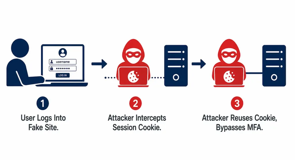 What Is Phishing? Types, Recognition, And Protection Strategies 3 Three-Step Diagram Showing An Adversary-In-The-Middle Attack Intercepting A Session Cookie To Bypass Mfa