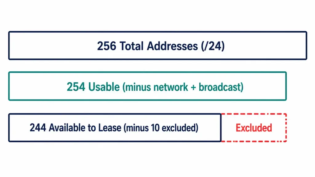 Configuring A Basic Dhcpv4 Server On A Cisco Router 2 Shrinking Bar Diagram Showing How A /24 Network'S 256 Total Addresses Reduce To 254 Usable And Then To 244 Actually Available After Excluding 10 Addresses