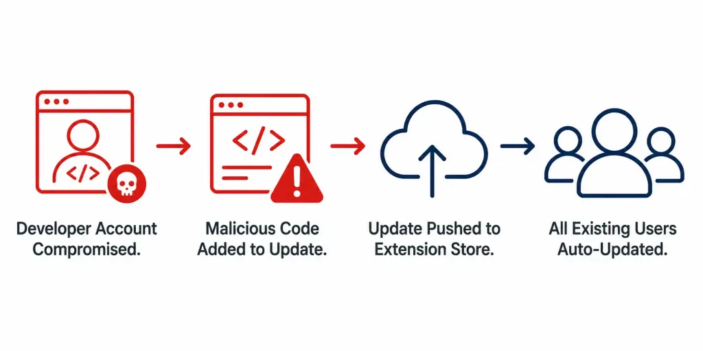 Browser Plugins And Poisoning: Risks, Exploits, And Defenses 2 Four-Step Diagram Showing How A Compromised Developer Account Leads To A Malicious Extension Update Reaching All Users