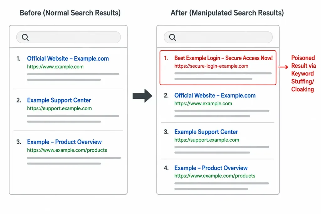 Browser Plugins And Poisoning: Risks, Exploits, And Defenses 3 Before-And-After Diagram Showing A Malicious Search Result Artificially Pushed To The Top Ranking Position Through Seo Poisoning