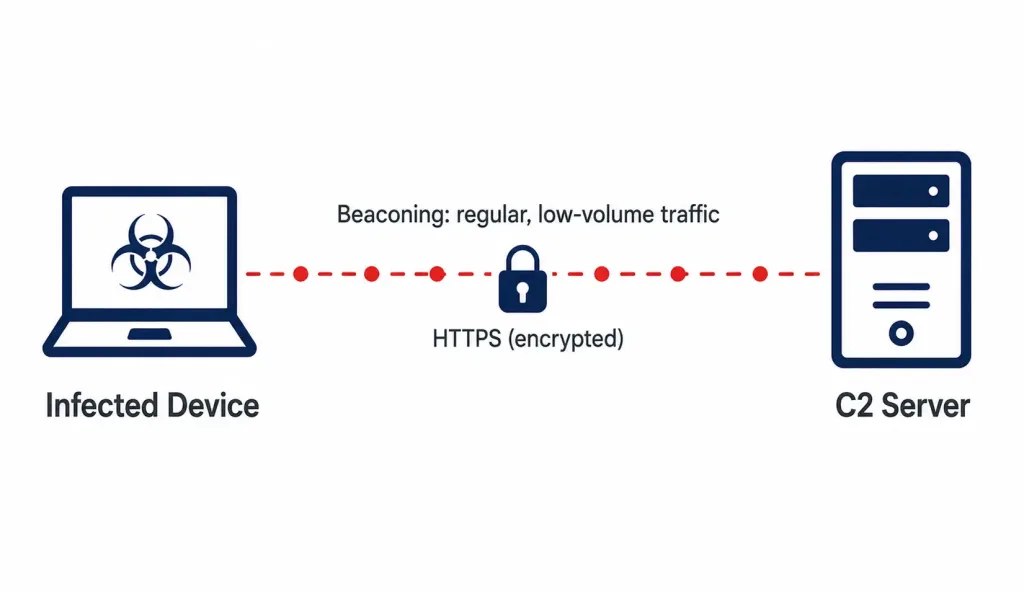 Spyware, Adware, And Scareware: Mechanics, Network Impact, And Defense 2 Diagram Showing An Infected Device Communicating With A Command-And-Control Server Through Encrypted Beaconing Traffic