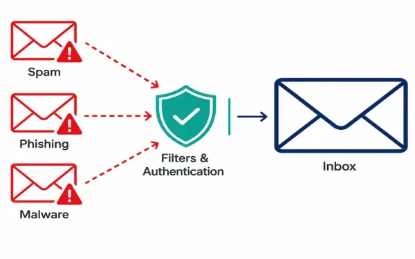 Diagram Showing Spam, Phishing, And Malware Emails Being Blocked By Filters And Authentication Before Reaching An Inbox