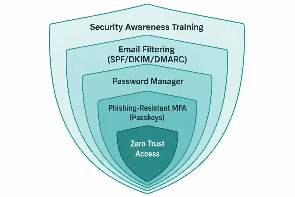 What Is Phishing? Types, Recognition, And Protection Strategies 5 Five-Layer Shield Diagram Showing Training, Email Filtering, Password Management, Phishing-Resistant Mfa, And Zero Trust As Stacked Defenses