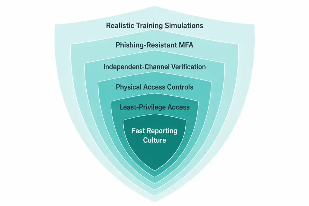 Social Engineering In Cybersecurity: Types, Real Examples, And Defense 4 Six-Layer Shield Diagram Showing Training, Mfa, Verification, Physical Controls, Least Privilege, And Reporting As Stacked Defenses