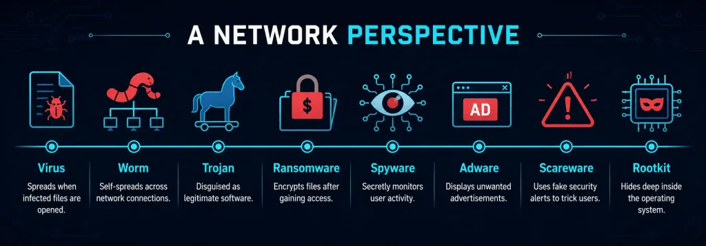 What Is Malware And Malicious Software? 2 Row Of Eight Flat Icons Representing Malware Types — Virus, Worm, Trojan, Ransomware, Spyware, Adware, Scareware, And Rootkit — Each With A Short Description Of How It Spreads