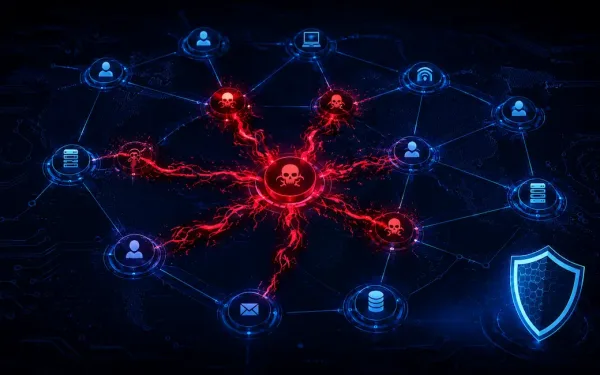 Digital Network Diagram Showing Malware Spreading In Red Across Connected Blue Nodes With A Shield Icon Representing Network Defense