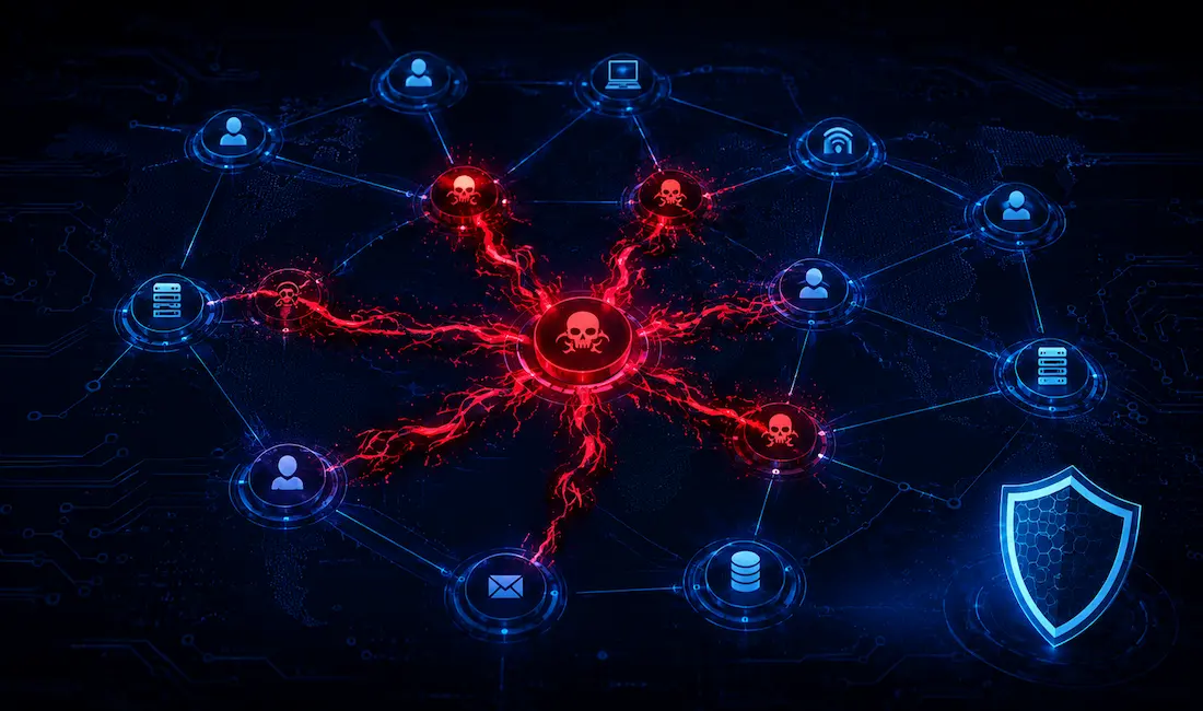 What Is Malware And Malicious Software? 1 Digital Network Diagram Showing Malware Spreading In Red Across Connected Blue Nodes With A Shield Icon Representing Network Defense
