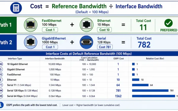 Ospf Cost Formula Card With A Two-Path Comparison Showing A Fast Ethernet Plus Ethernet Path Preferred Over A Faster-Starting Gigabit Plus Slow-Serial Path