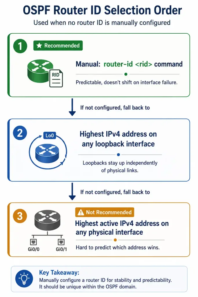 Configure Single-Area Ospfv2: A Comprehensive Guide 2 Decision Flow Showing Ospf'S Three Router Id Selection Methods In Order Of Preference: Manual Configuration, Highest Loopback Address, Highest Physical Interface Address