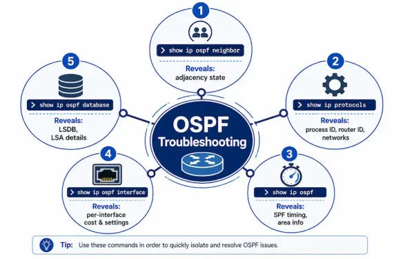 Hub-And-Spoke Diagram Of Five Core Ospf Verification Commands And What Each One Reveals