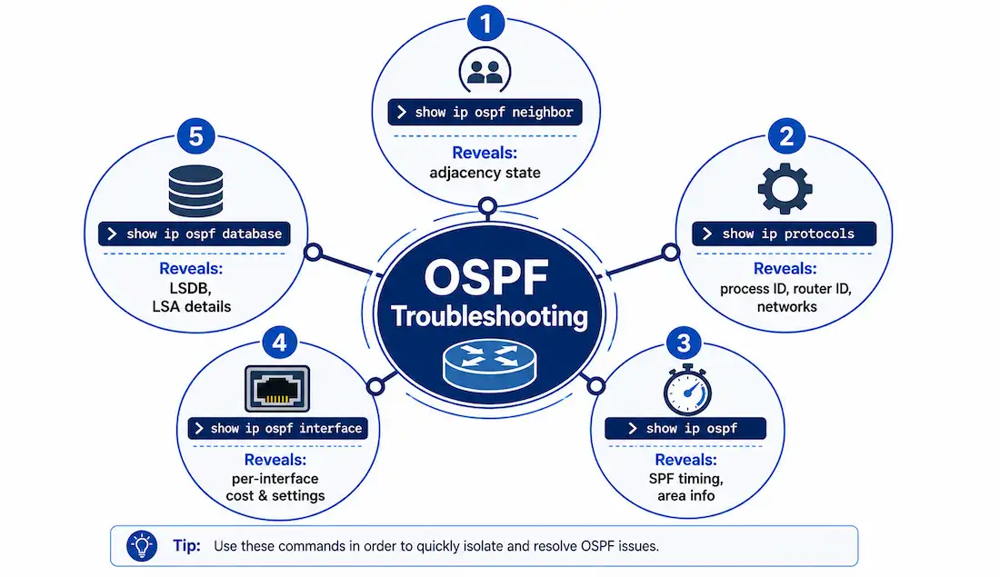 Ospf Troubleshooting And Verification Guide 1 Hub-And-Spoke Diagram Of Five Core Ospf Verification Commands And What Each One Reveals
