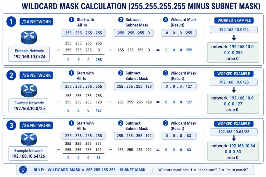 Configure Single-Area Ospfv2: A Comprehensive Guide 4 Step-By-Step Wildcard Mask Calculation For /24, /25, And /26 Networks, Showing The Subtraction From 255.255.255.255 And A Worked 192.168.10.64/26 Example