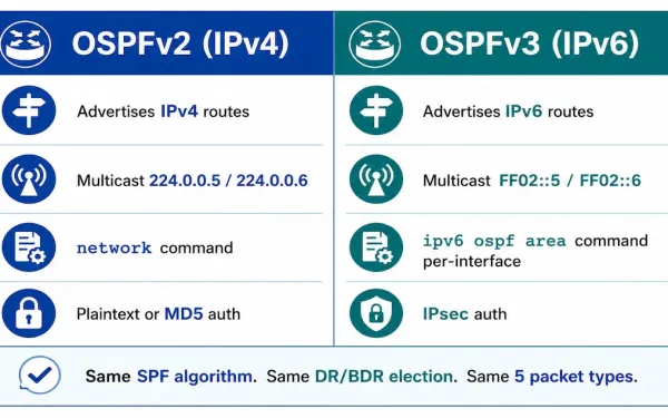 Ide-By-Side Comparison Of Ospfv2 And Ospfv3 Covering Advertised Routes, Multicast Addresses, Configuration Commands, And Authentication