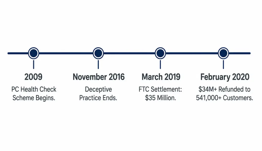 Spyware, Adware, And Scareware: Mechanics, Network Impact, And Defense 4 Timeline Showing The Office Depot Pc Health Check Scareware Case From 2009 Through The 2019 Ftc Settlement And 2020 Refunds