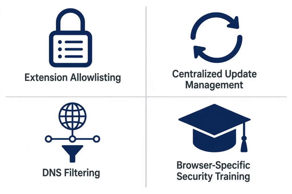 Browser Plugins And Poisoning: Risks, Exploits, And Defenses 5 Four-Quadrant Diagram Showing Extension Allowlisting, Centralized Updates, Dns Filtering, And Browser-Specific Training As Organizational Controls
