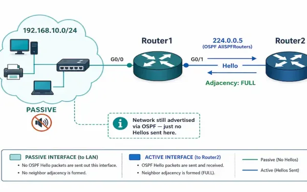 Router1 With A Passive Interface Muting Hello Packets Toward A Lan Of End Hosts, While An Active Interface Exchanges Hellos With Router2 To Form A Full Adjacency