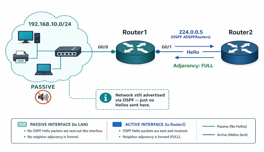 Ospf Passive Interfaces: Configuration And Best Practices 1 Router1 With A Passive Interface Muting Hello Packets Toward A Lan Of End Hosts, While An Active Interface Exchanges Hellos With Router2 To Form A Full Adjacency