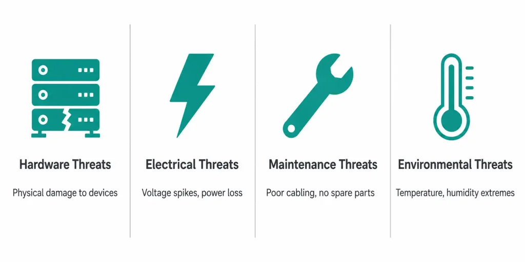 Cyber Security Threats And Defenses: A Practical Guide 3 Four-Column Chart Showing Hardware, Electrical, Maintenance, And Environmental Physical Security Threat Categories With Examples