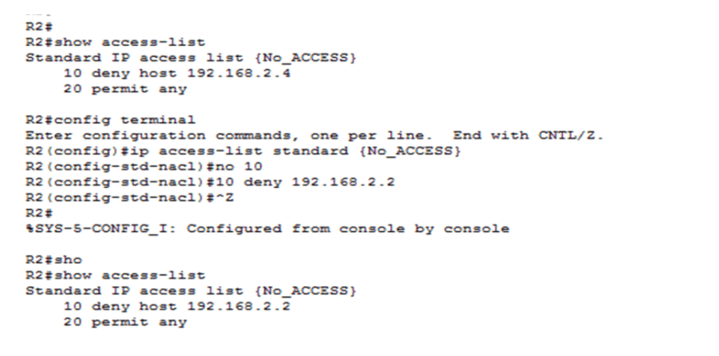 A screenshot of a terminal session showing the configuration of a standard IP access list named "No_ACCESS" on a router. The initial configuration denies access to the host 192.168.2.4 and permits any other traffic. The configuration is then modified in the terminal by removing the deny rule for host 192.168.2.4 and adding a new deny rule for host 192.168.2.2. The final configuration is displayed, showing the updated access list with the deny rule for host 192.168.2.2 and the permit any rule.