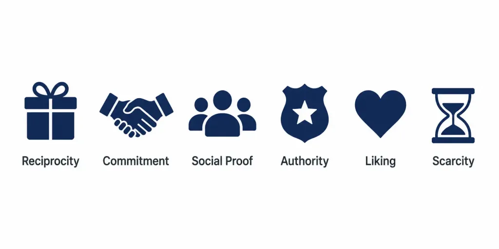 Social Engineering In Cybersecurity: Types, Real Examples, And Defense 3 Row Of Six Icons Representing Cialdini'S Principles Of Influence Used In Social Engineering