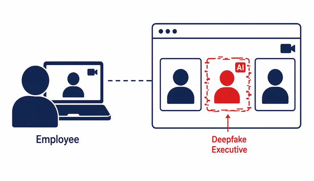 Social Engineering In Cybersecurity: Types, Real Examples, And Defense 1 Diagram Showing An Employee On A Video Call With A Deepfake Executive Flagged With An Ai Warning