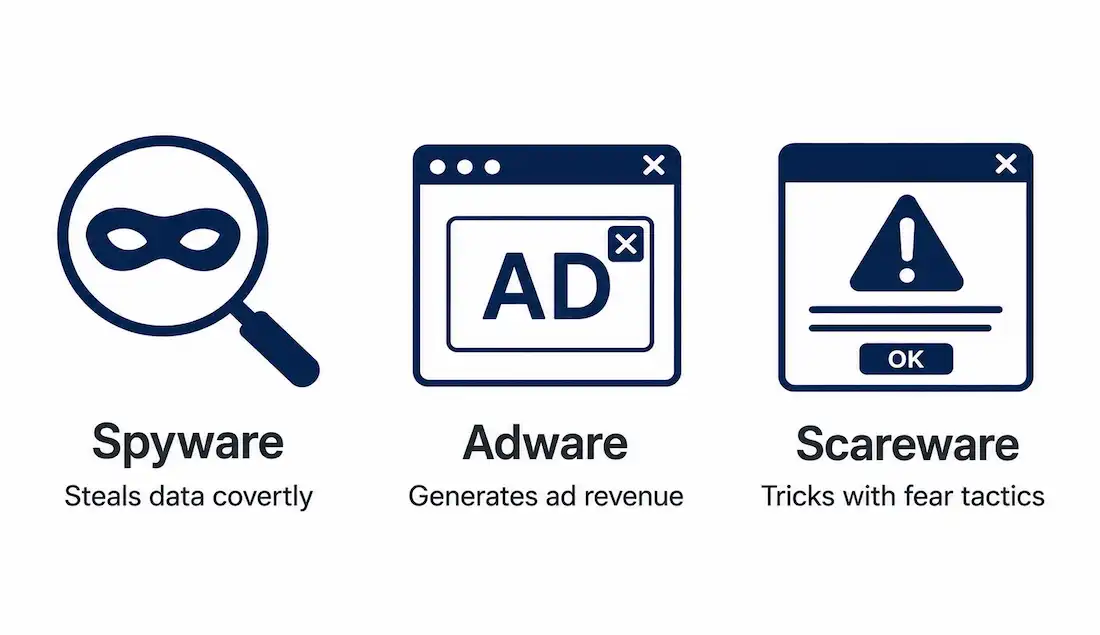 Spyware, Adware, And Scareware: Mechanics, Network Impact, And Defense 1 Row Of Three Icons Representing Spyware, Adware, And Scareware With Brief Descriptions Of Each