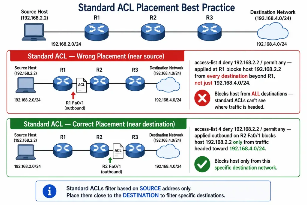 How To Configure Standard Acls 3 Diagram Comparing Standard Acl Placement Near The Source (Which Blocks A Host From Every Destination) Versus Near The Destination (Which Blocks It Only From The Intended Network)