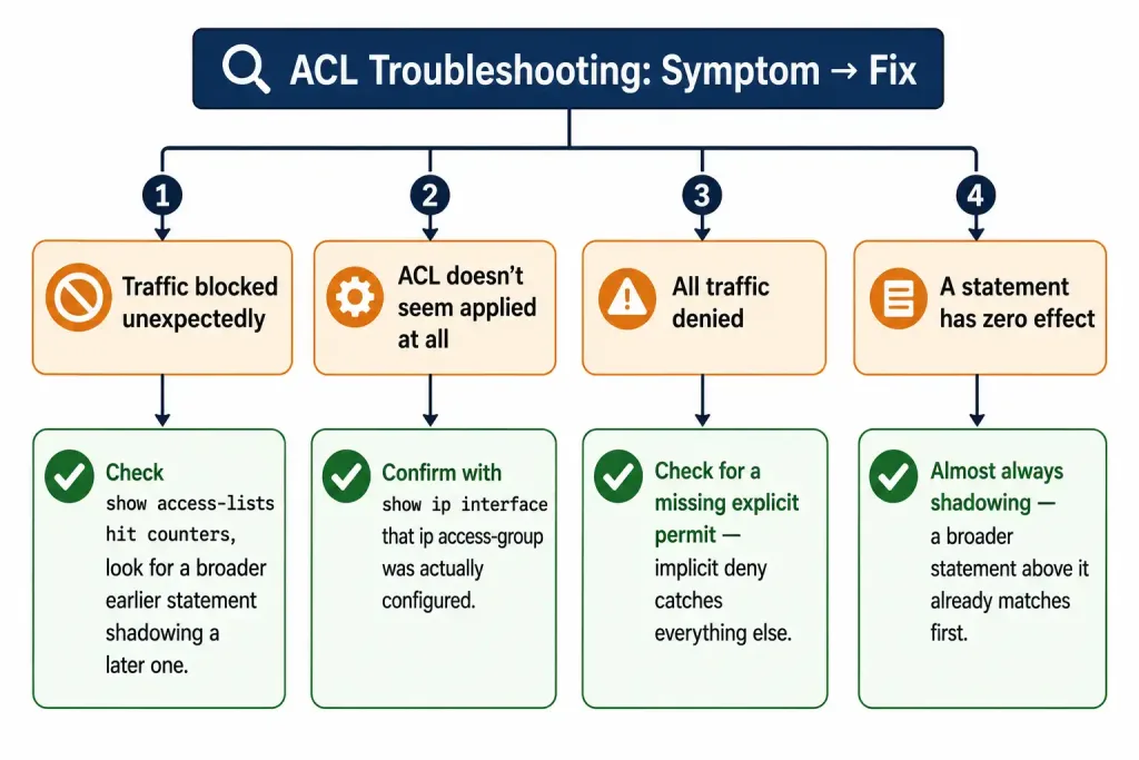 How To Configure Standard Acls 4 Troubleshooting Flowchart Mapping Four Common Standard Acl Symptoms To Their Fixes, Including Shadowed Statements And Missing Ip Access-Group Configuration