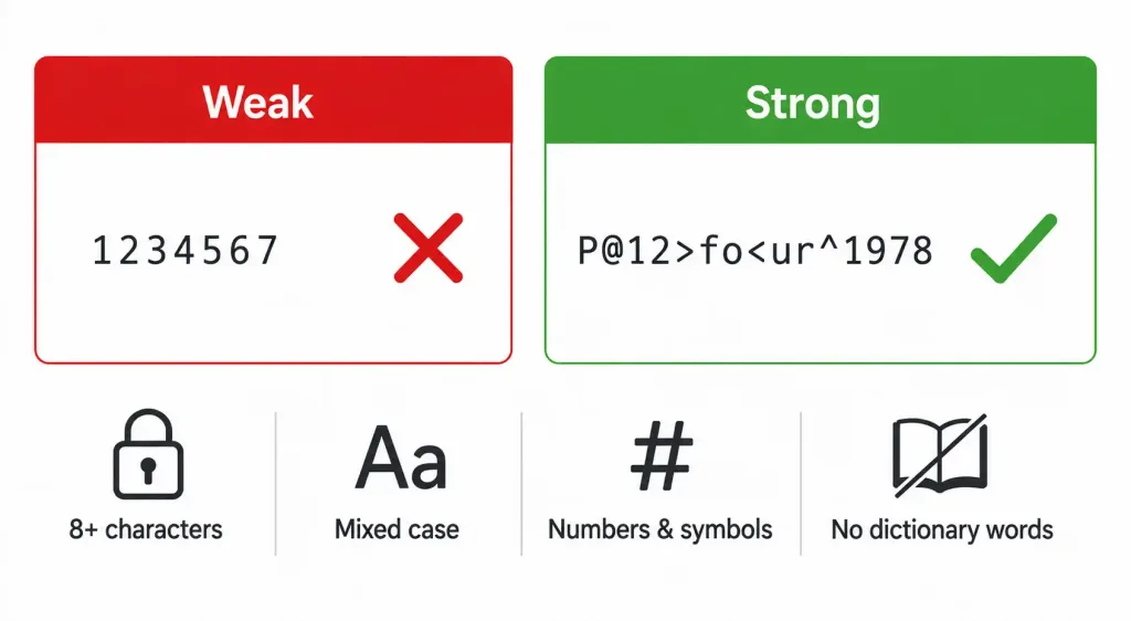 Cyber Security Threats And Defenses: A Practical Guide 4 Comparison Card Showing A Weak Password Example Against A Strong Password Example With Key Construction Principles Listed Below