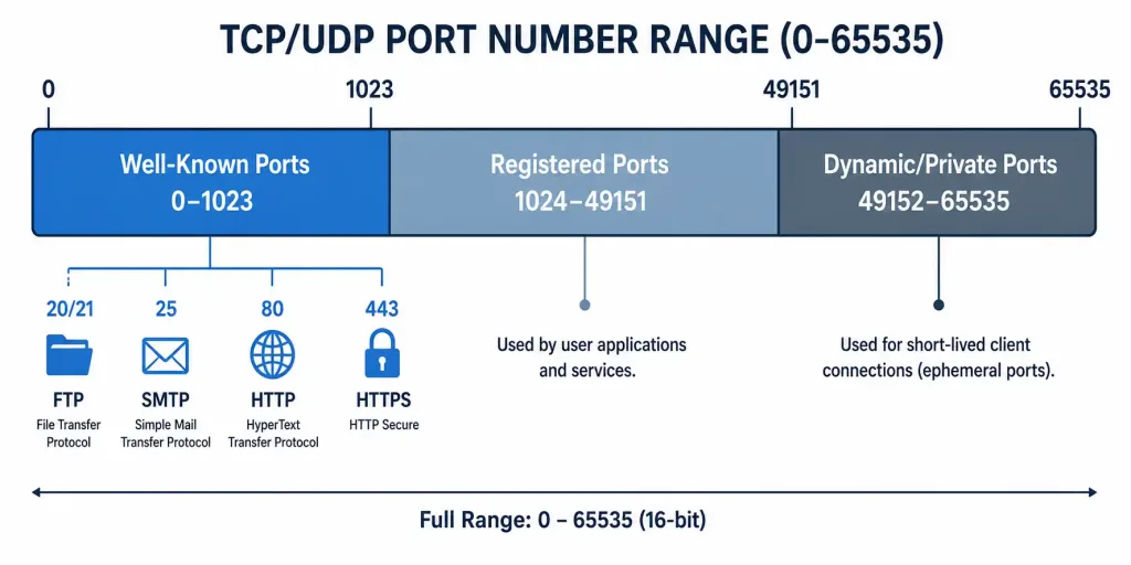 Understanding Tcp Three-Way Handshake: A Comprehensive Guide 3 Tcp Port Range Reference Showing Well-Known, Registered, And Dynamic/Private Port Bands With Common Well-Known Ports Marked
