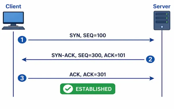 Tcp Three-Way Handshake Sequence Diagram Showing Syn, Syn-Ack, And Ack Exchanged In Order Between Client And Server, Ending In An Established Connection